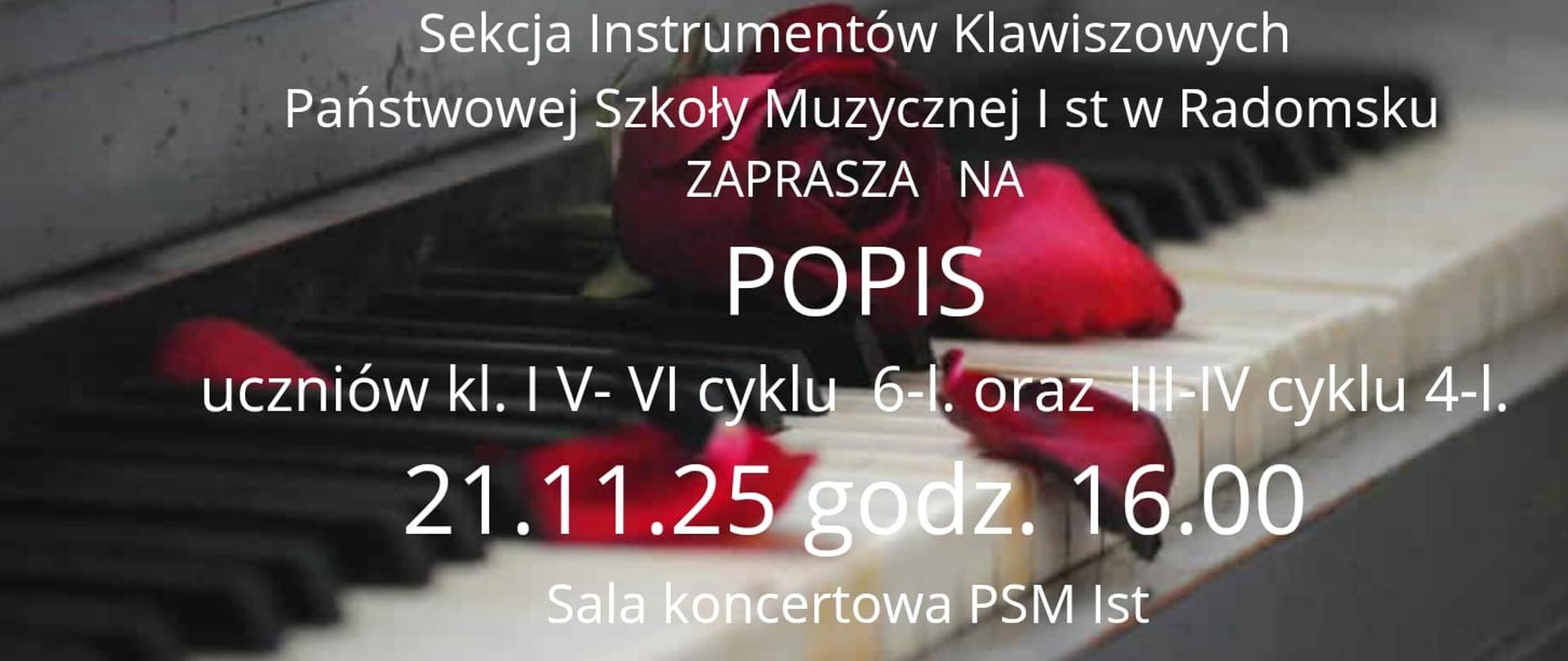 W tle znajduje się grafika klawiatury fortepianu z czerwonymi płatkami róż oraz napisy informacyjne w kolorze białym.