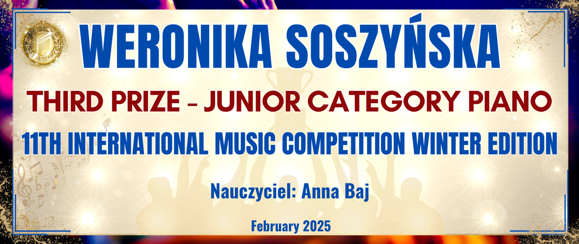 baner z ciemną kolorową ramką, jasne tło w środku z informacją o wyróżnieniu