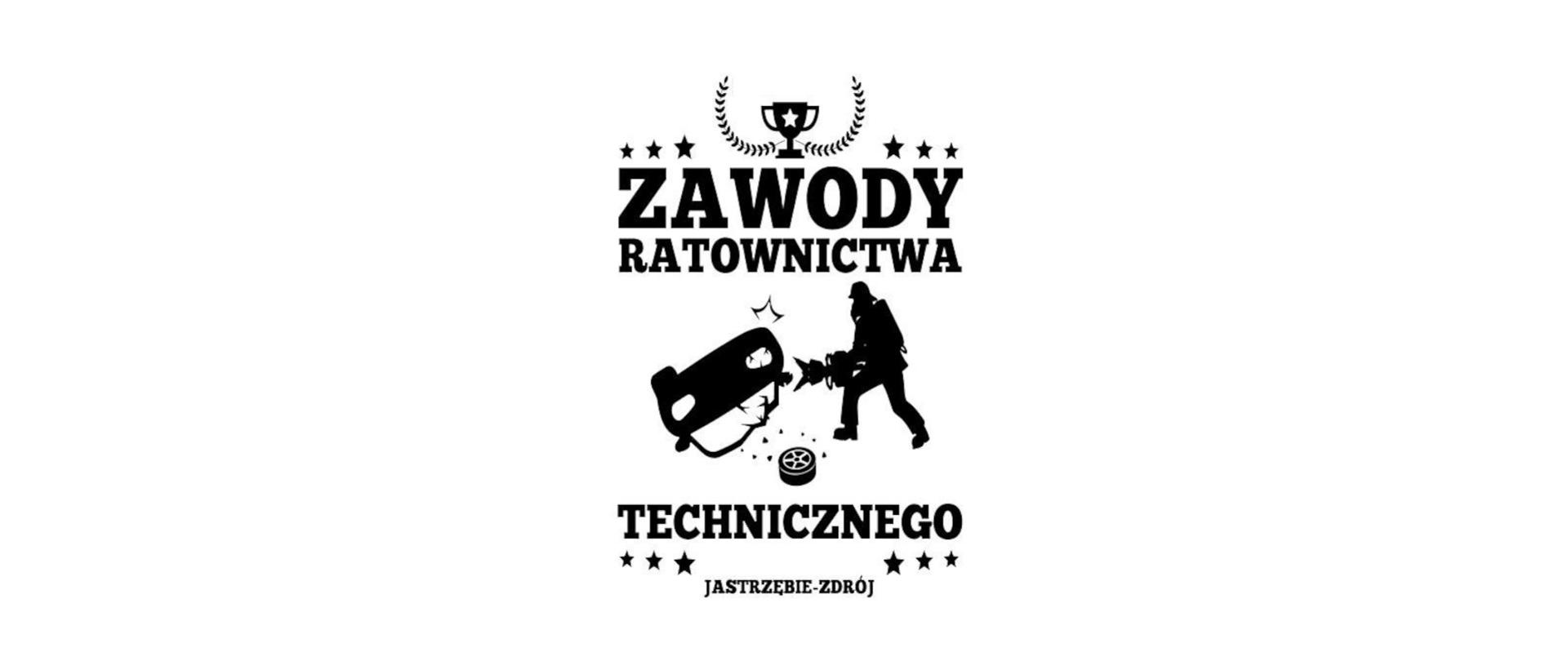 Ilustracja przedstawia na białym tle, u góry rysunek pucharu pomiędzy liśćmi laurowymi po obydwu stronach gwiazdki. Poniżej napis Zawody Ratownictwa W środku czarny rysunek strażaka w ubraniu specjalnym, trzymającego narzędzie hydrauliczne, obok rysunek wywróconego na dach, zniszczonego samochodu osobowego. Na dole napis Technicznego Jastrzębie -Zdrój. Po obydwu stronach umieszczono rysunki gwiazdek.