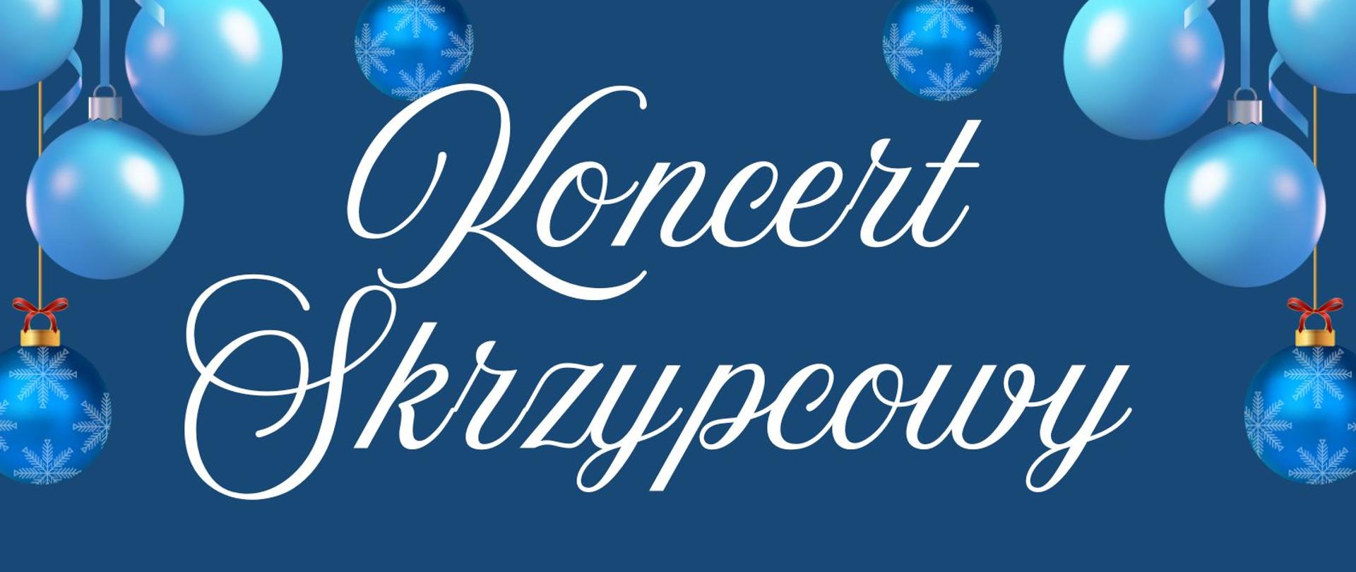 Tło jest ciemnoniebieskie. U góry widoczne są niebieskie bombki choinkowe w różnych odcieniach, ozdobione śnieżynkami. Zwisają one z białych i srebrnych wstążek, co nadaje całości świąteczny charakter.
W centralnej części dużą, elegancką kursywą zapisano napis „Koncert Skrzypcowy”. Poniżej, prostą i czytelną czcionką „W wykonaniu uczniów P. Elżbiety Rembelińskiej”oraz niżej „Akompaniuje P. Urszula Magnuszewska”. Na dole znajdują się ilustracje stylizowanych, jasnoniebieskich choinek pokrytych białymi śnieżynkami. Układają się one w szeroki zimowy pejzaż. Pod ilustracjami umieszczono szczegóły wydarzenia „02.12.2025 r. Godz. 17:30 Sala koncertowa PSM I st. w Grajewie”
