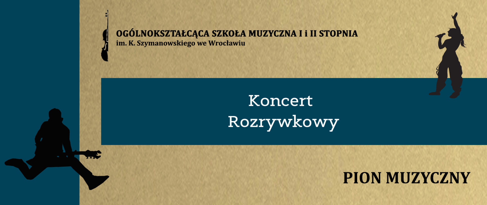 grafika w niebiesko- piaskowej tonacji, zawiera logo szkoły, grafiki muzyków oraz napis" Koncert rozrywkowy"
