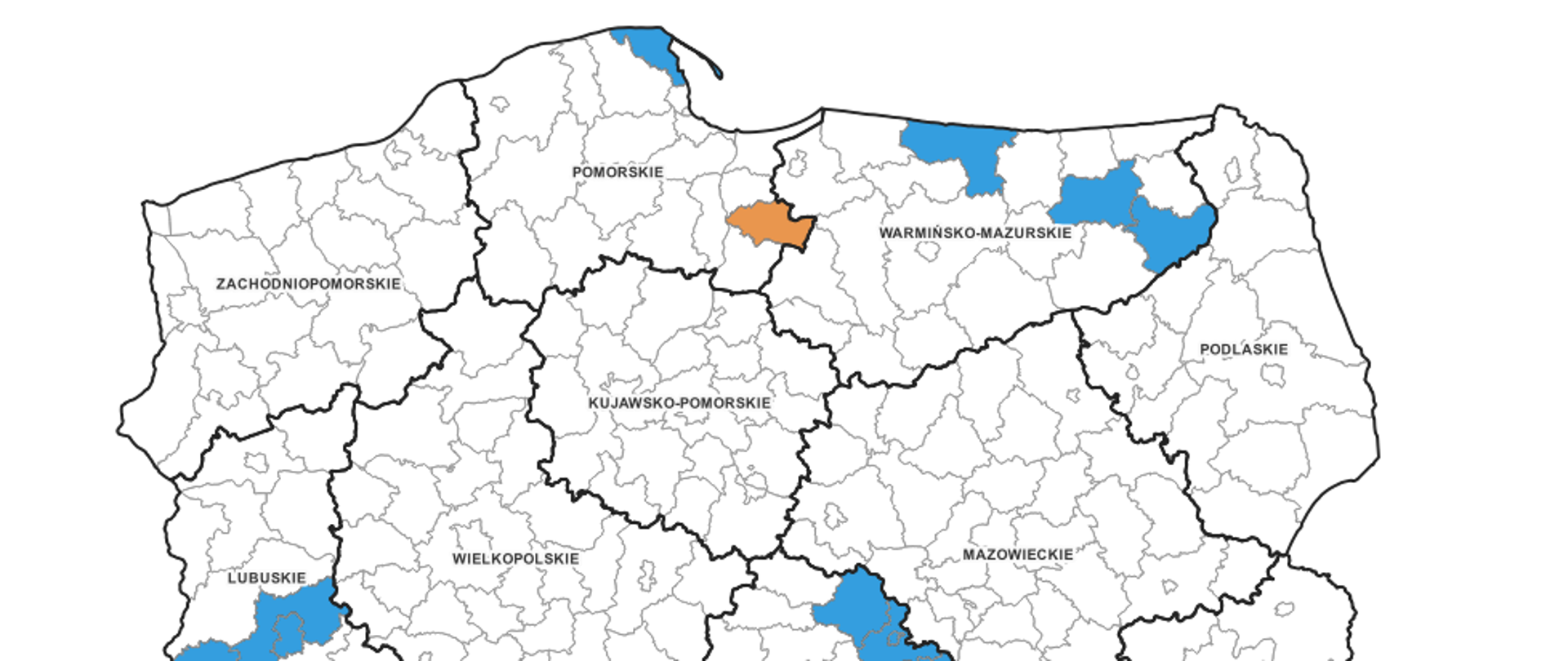 Ilustracja przedstawia obszary powiatów, dla których dostępne są nowe dane bazy BDOT10k.