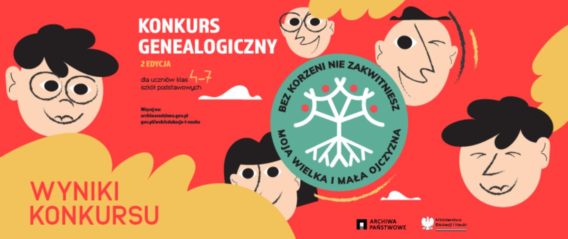 Grafika - na pomarańczowym tle schematycznie narysowane twarze ludzi i napis Konkurs genealogiczny.