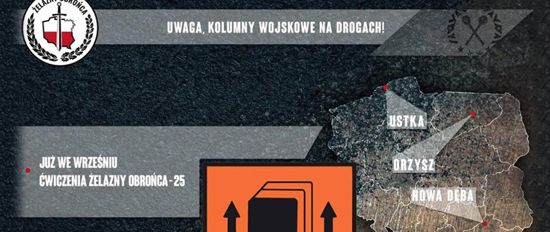 Zdjęcie przedstawia napis: Uwaga kolumny wojskowe na drogach. Już we wrześniu ćwiczenia żelazny obrońca-25. Z boku zarys mapy Polski z lokalizacjami: Ustka, Orzysz, Nowa Dęba