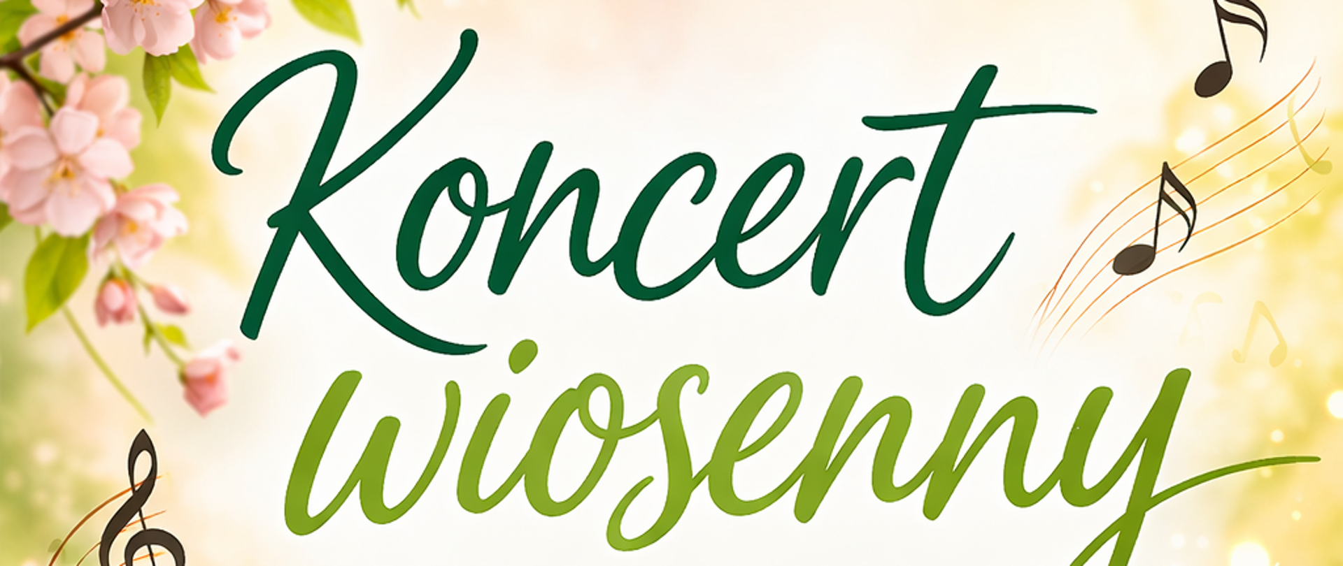 Plakat zapowiadający Koncert wiosenny w wykonaniu uczniów naszej szkoły. Na jasnym, wiosennym tle z kwiatami (tulipany i kwitnące gałązki) znajdują się elementy muzyczne: nuty, fortepian oraz skrzypce. U góry widnieje duży zielony napis „Koncert wiosenny”, a poniżej informacja „w wykonaniu uczniów naszej szkoły”. W dolnej części plakatu podane są szczegóły wydarzenia: Sala Koncertowa, 27 marca 2026, godzina 16:30. Całość utrzymana jest w jasnej, wiosennej kolorystyce z motywami muzycznymi i kwiatowymi.