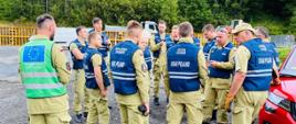 Grupa strażaków z polskiej średniej grupy poszukiwawczo – ratowniczej ubranych w mundury w kolorze piaskowym i granatowe kamizelki z napisem na plecach USAR POLAND.