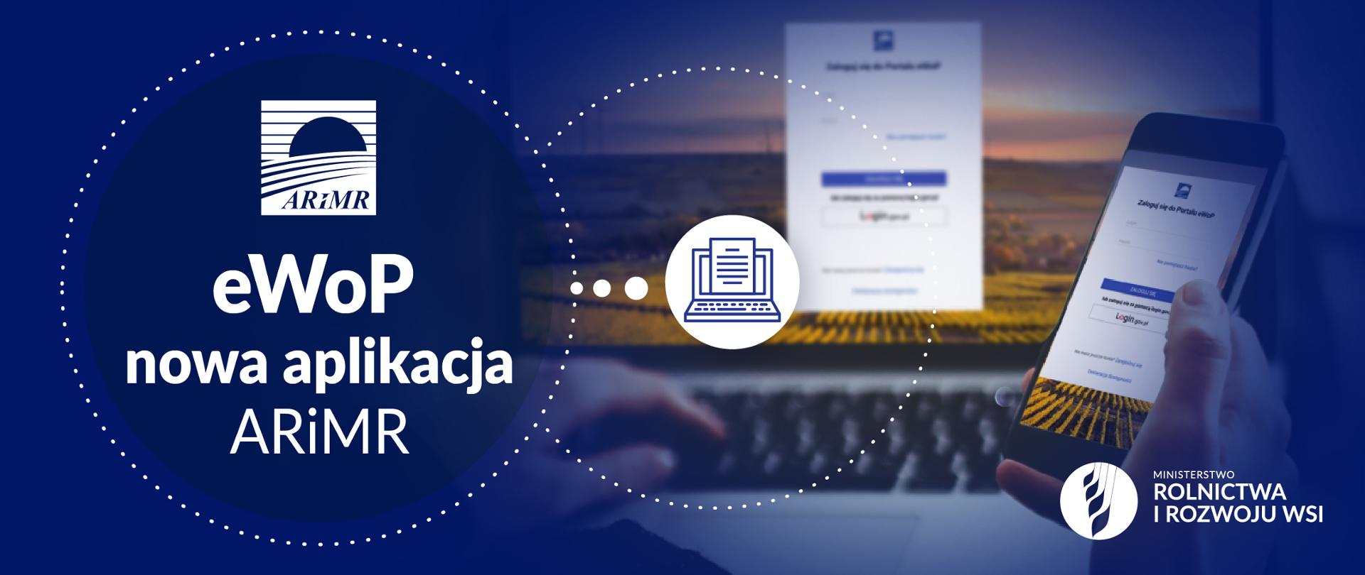 Infografika do komunikatu "Nowa aplikacja eWoP uruchomiona przez ARiMR dla beneficjentów PROW 2014-2020".
Smartfon trzymany w prawej dłoni.