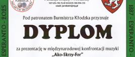 Dyplom na białym tle z informacjami dotyczącymi uzyskania I miejsce przez Weronikę Osicką w grupie do 13 lat w konkursie Ako-Skrzy-For w Kłodzku, który odbył się 16.06.2025