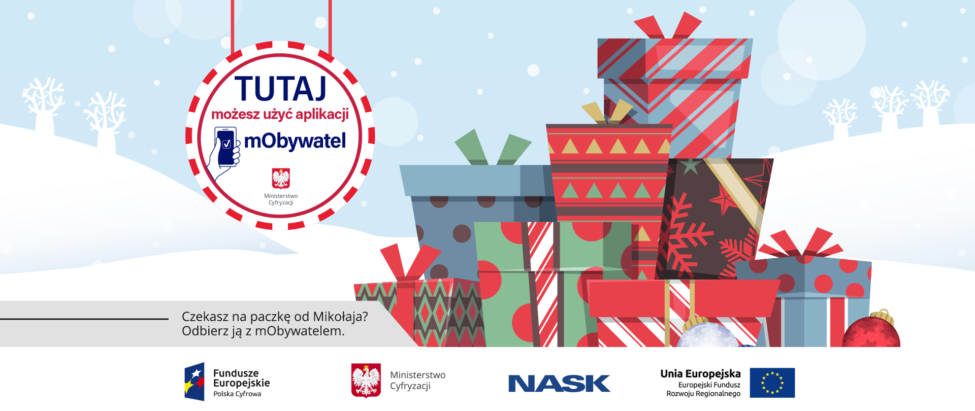 Stos prezentów oraz grafika z napisem: Tutaj możesz użyć aplikacji mObywatel