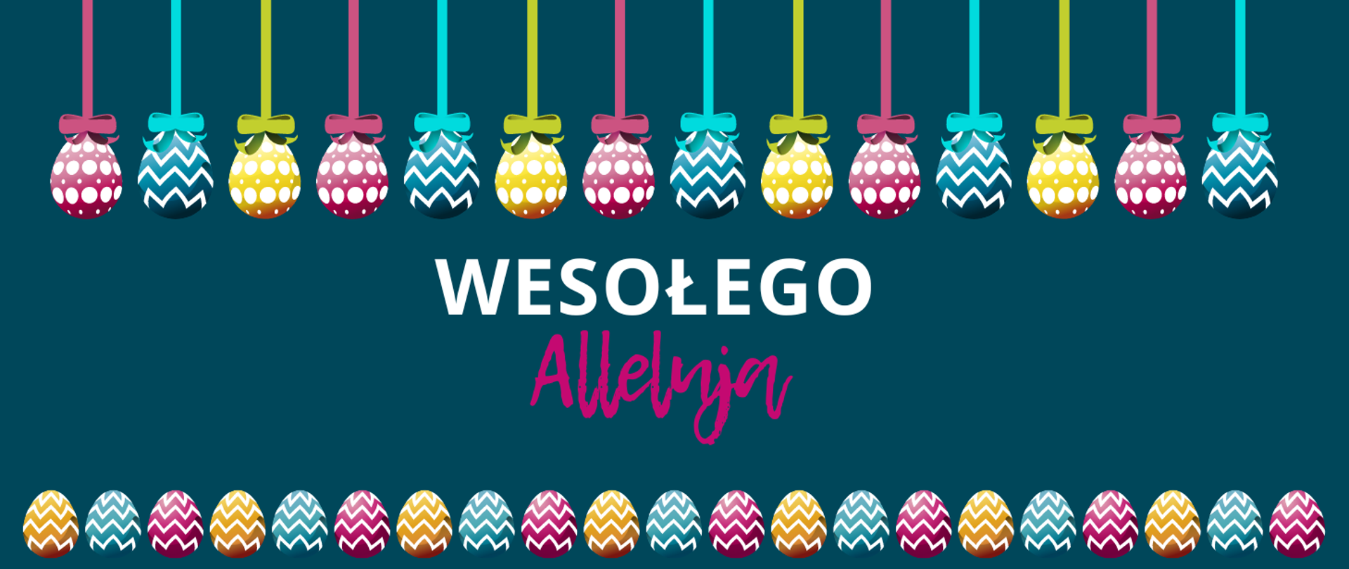 Na niebieskim tle i samego dołu rząd kolorowych jajek wielkanocnych (żółte, niebieskie, czerwone w białe zygzaki),. U samej góry jajka wiszące na wstążeczkach. Jajka z kokardkami udekorowane zygzakami lub kropkami. Na środku obrazka biały napis: "wesołego" oraz różowy napis "alleluja"