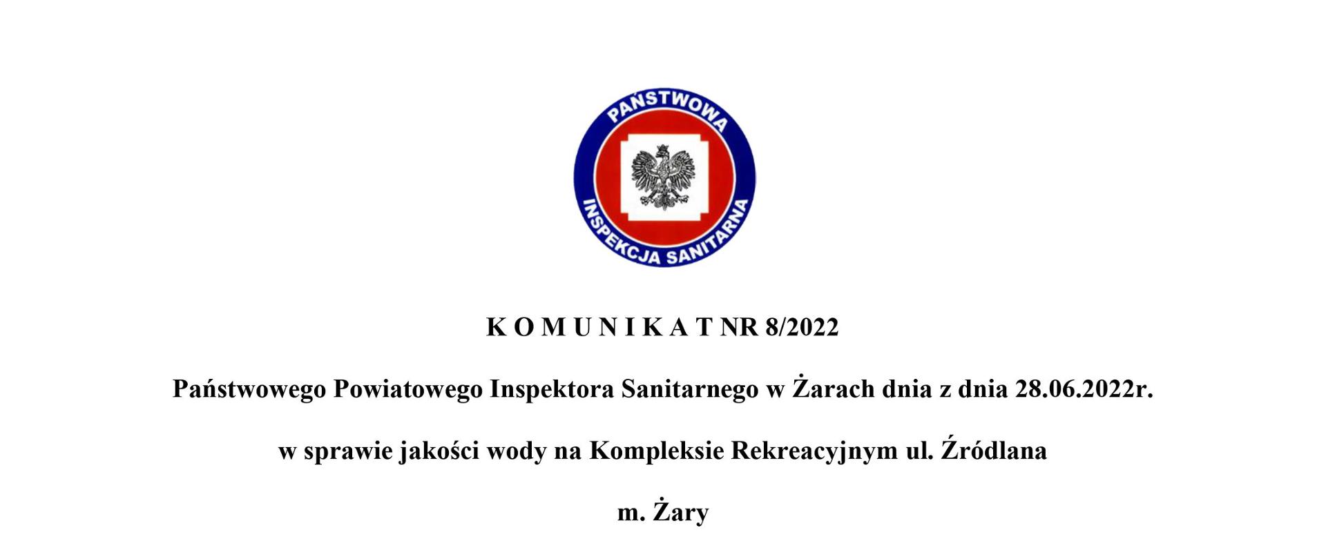 Komunikat Państwowego Powiatowego Inspektora Sanitarnego w Żarach dnia z dnia 28.06.2022 r. w sprawie jakości wody na Kompleksie Rekreacyjnym w Żarach