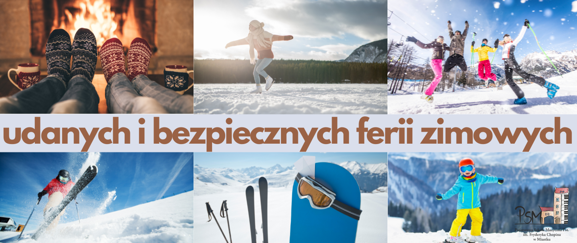 Kolaż zdjęć przedstawiających sporty zimowe, opatrzony centralnie napisem: "udanych i bezpiecznych ferii zimowych"