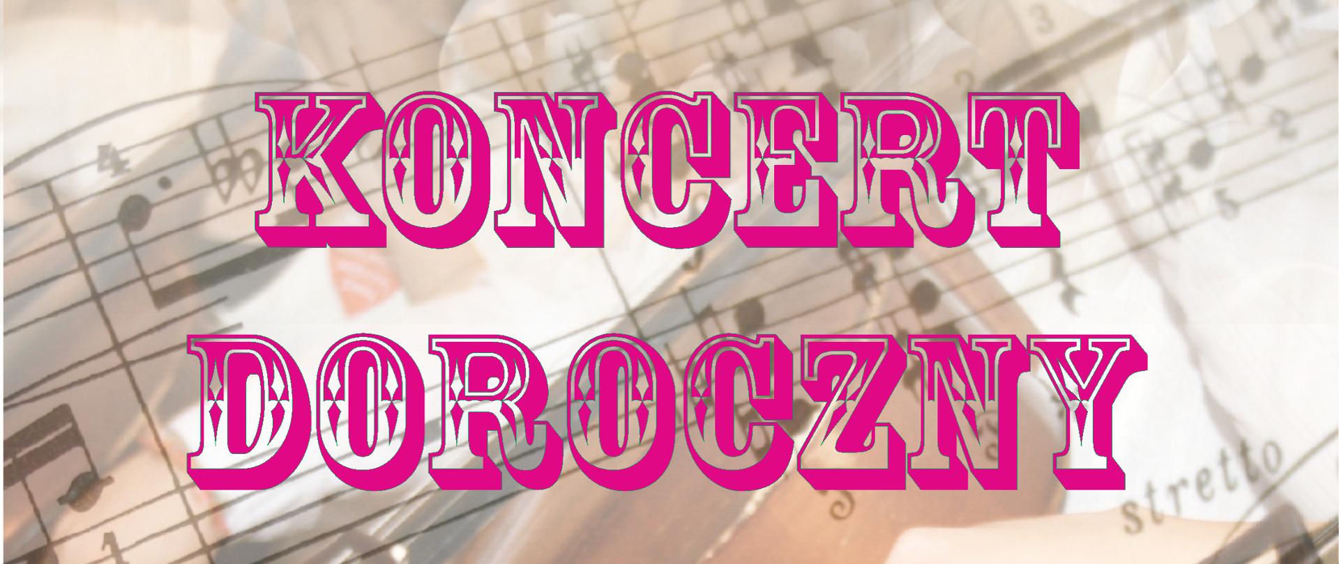 Plakat informujący o koncercie dorocznym szkoły muzycznej. kolorowe napisy znajdują się na zdjęciu sztukaterii budynku szkoły. Do tego połączenie wiolonczeli i symboli muzycznych. Z lewej strony u góry niebieskie logo szkoły.