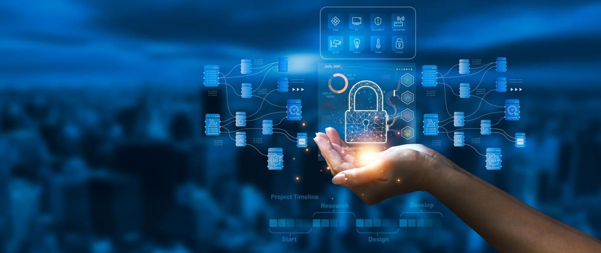 Na grafice wyciągnięta dłoń na której jest kłódka i ikony komputerowe. Całość na błękitnym tle.