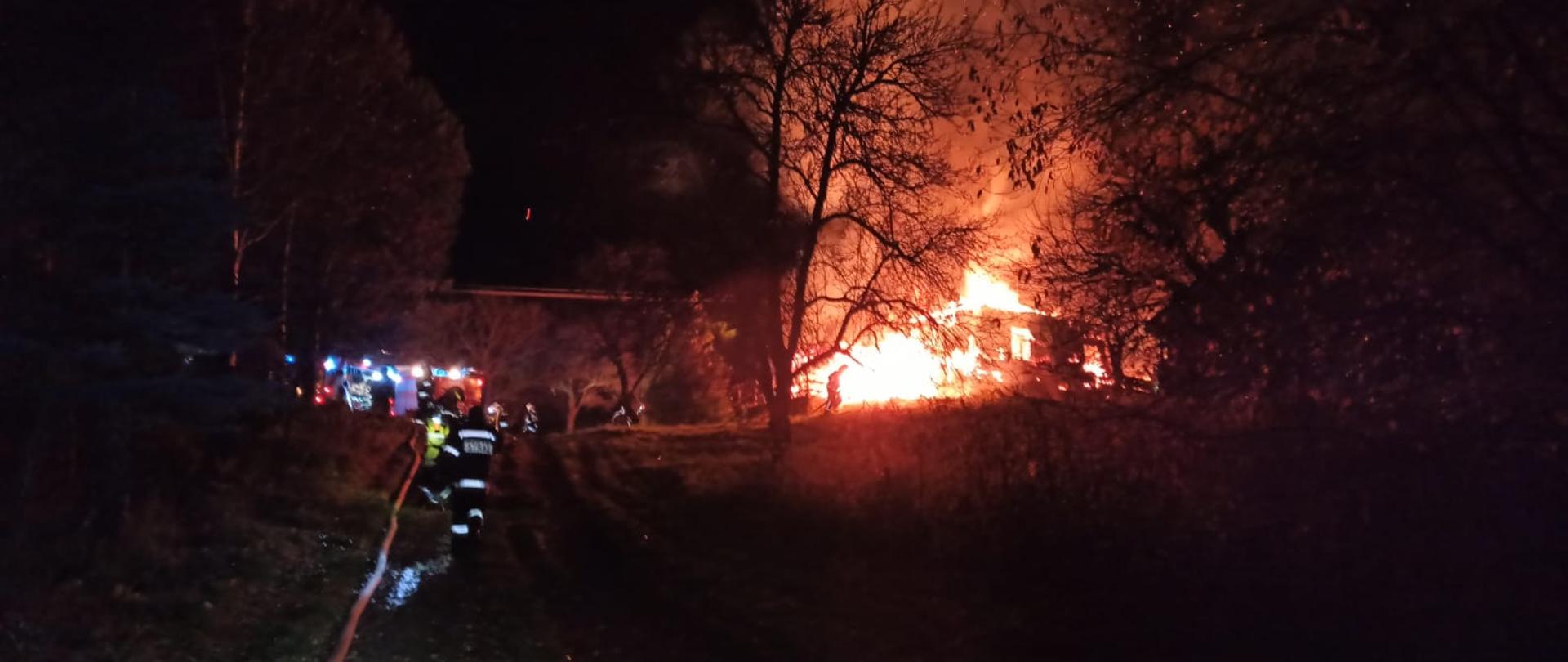 Na zdjęciu widoczni strażacy w ubraniach specjalnych granatowych w hełmach białych przed rozwijania węży pożarniczych i gaszenia płonącego drewnianego budynku mieszkalnego.
