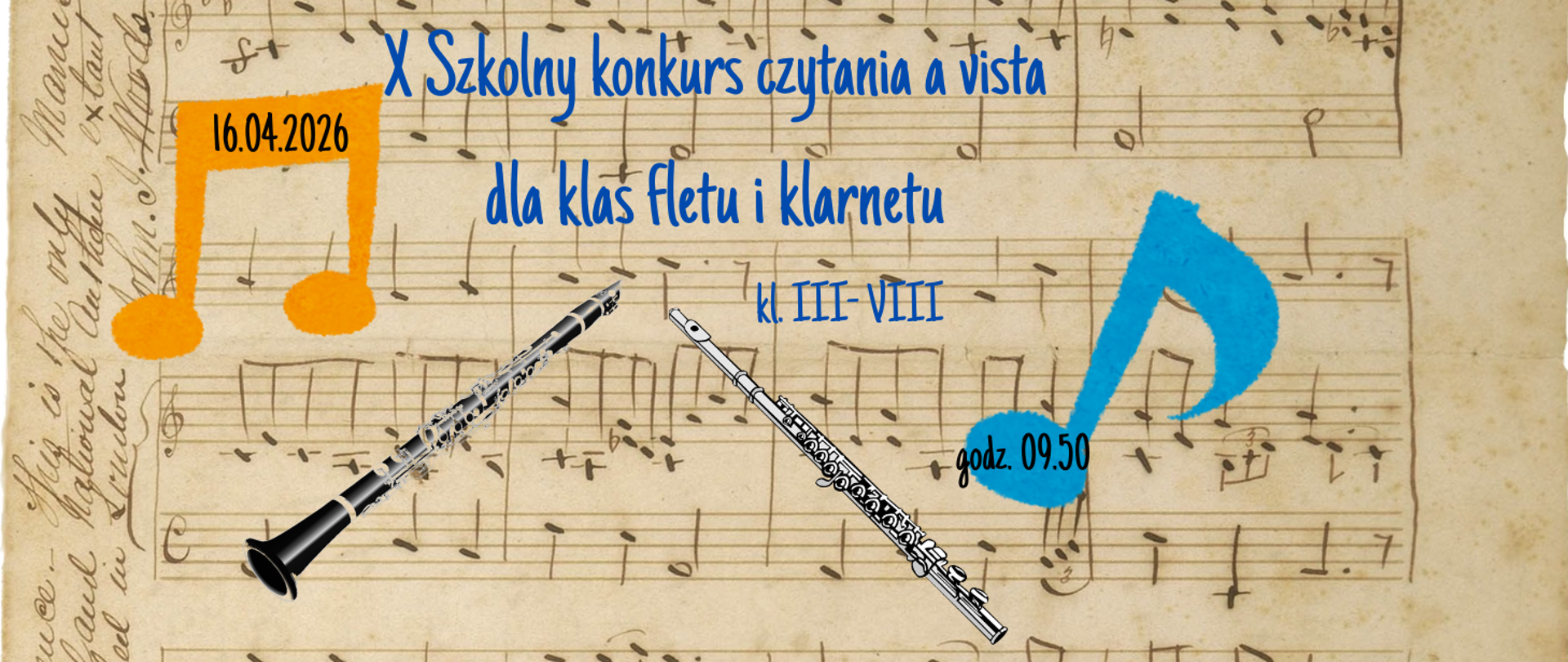 Na kolorowym tle z motywami nut informacja: X Szkolny konkurs czytania a vista klas fletu i klarnetu 16.04.2026r. godz. 9.50