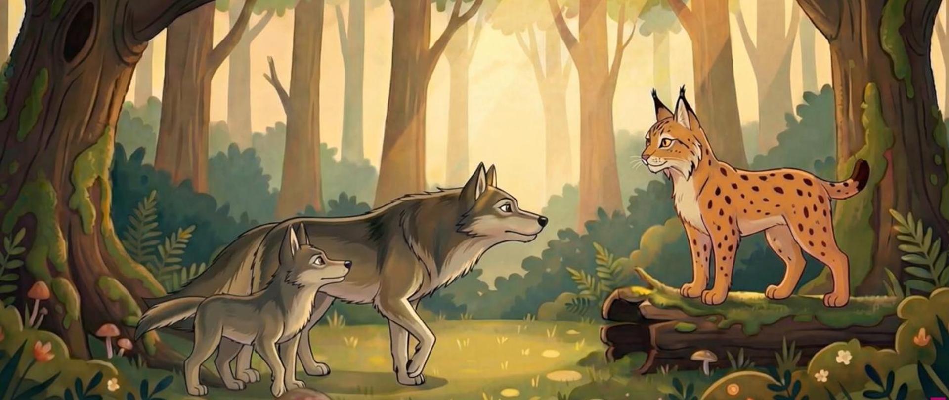 Ilustracja przedstawia scenę w lesie z udziałem dzikich zwierząt, wykonaną w przyjaznym, bajkowym stylu. Na rysunku widać następujące zwierzęta: - Ryś, który z charakterystycznymi pędzelkami na uszach stoi po prawej stronie na powalonym pniu. - Wilki. Po lewej stronie znajdują się dwa wilki - dorosły osobnik oraz mniejszy, młody kroczący obok niego. Zwierzęta stoją naprzeciw siebie i patrzą na siebie ze spokojem. Scena rozgrywa się na leśnej polanie otoczonej gęstymi drzewami o grubych pniach. Na ziemi rosną kępki trawy, małe grzyby, paprocie oraz drobne kwiaty. W tle, między drzewami, przebija się ciepłe, jasne światło.