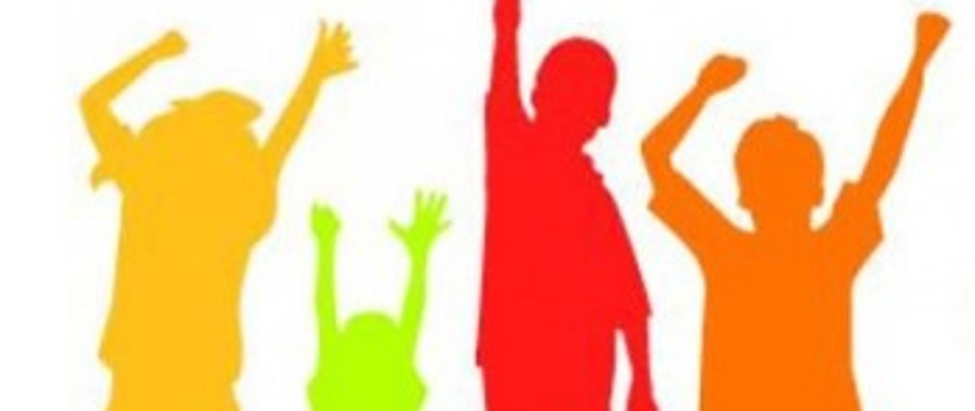 Na grafice znajdują się kolorowe cienie czterech ludzkich postaci 