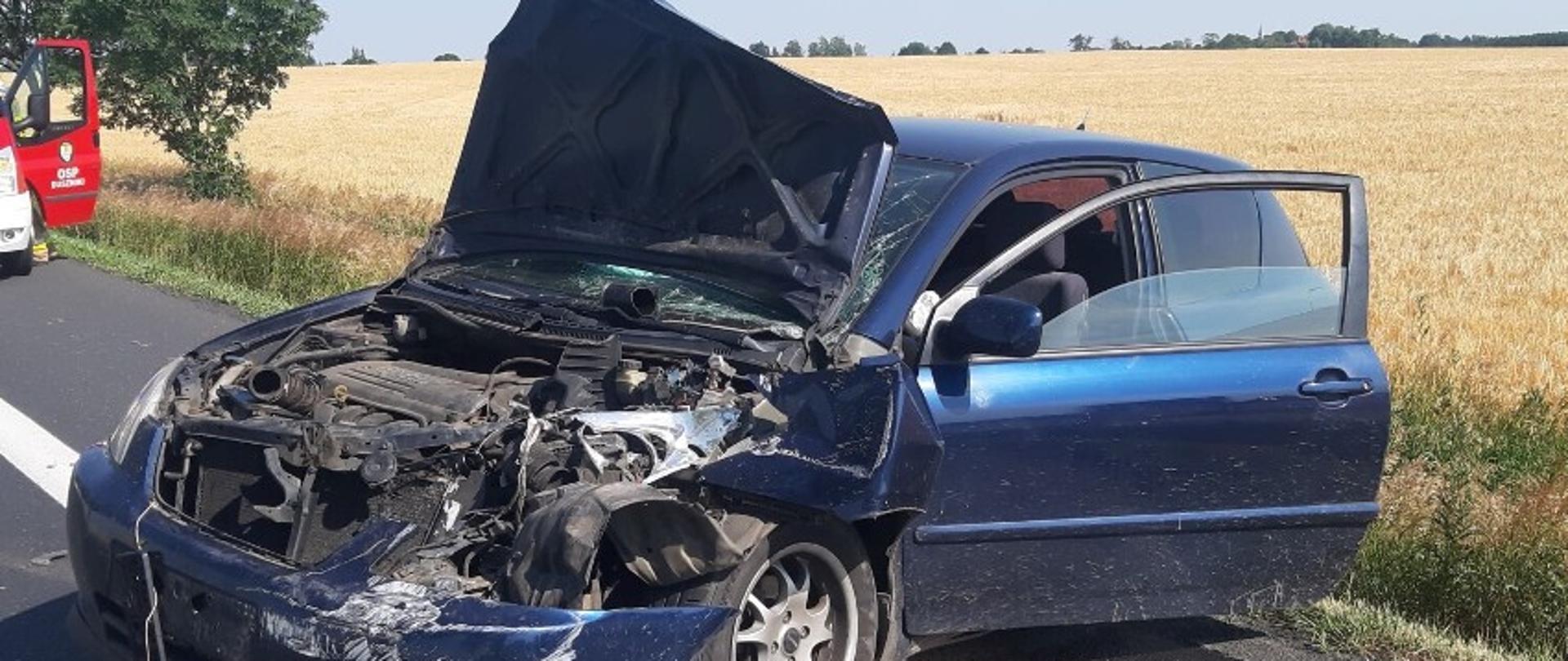 Widać uszkodzony samochód osobowy od przodu, który jest na poboczu