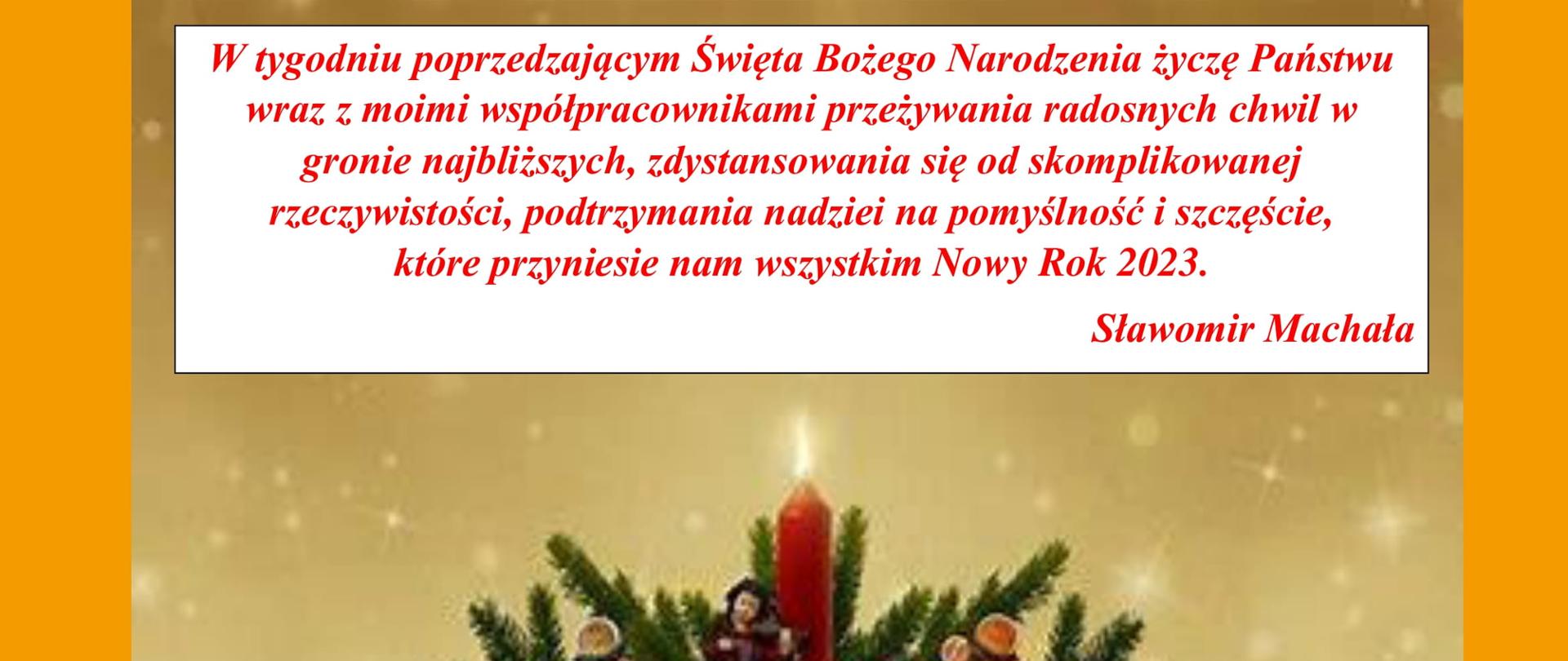 Kartka świąteczna z życzeniami przedstawia stroik świąteczny z czerwoną kokardą