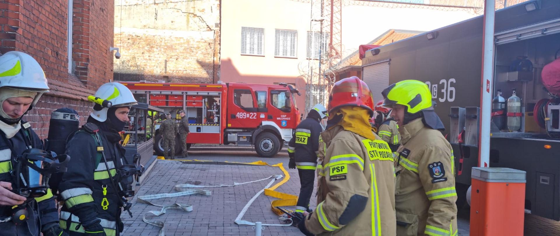 Fotografia przedstawia strażaków na miejscu prowadzonych ćwiczeń. Na chodniku widać rozwinięte węże pożarnicze. W oddali widać czerwony wóz strażacki a z prawej ciemno zielony wóz wojskowej straży pożarnej.