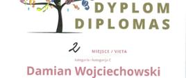 białe tło, kolorowe drzewo z nutami, fioletowy akcent Międzynarodowy Konkurs Instrumentalny, II edycja, dyplom, kategoria C, Damian Wojciechowski, Puńsk 16-17 maja 2024
