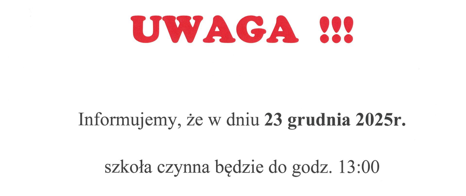 Informacja dotycząca godzin pracy szkoły w dniu 23.12.2025r. 