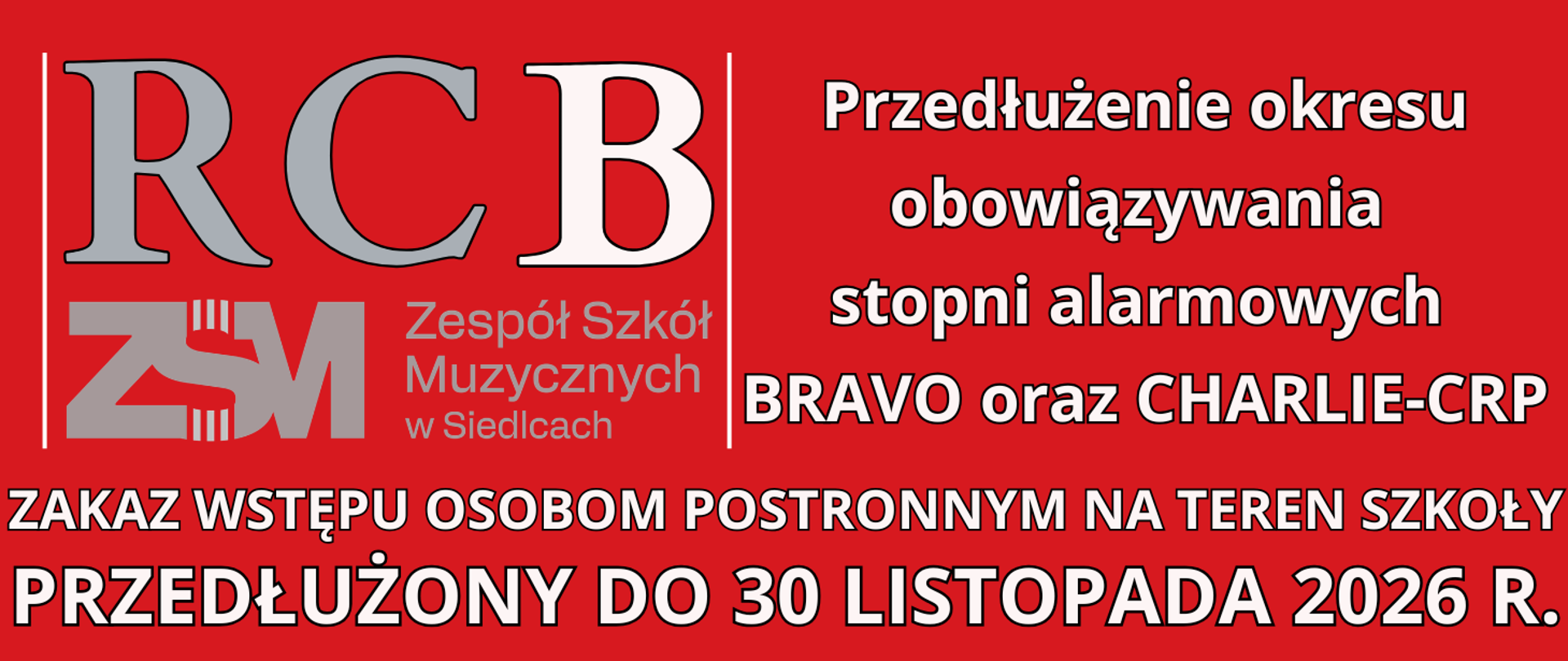 czerwone tło z białymi literami informującymi o alarmie RCB