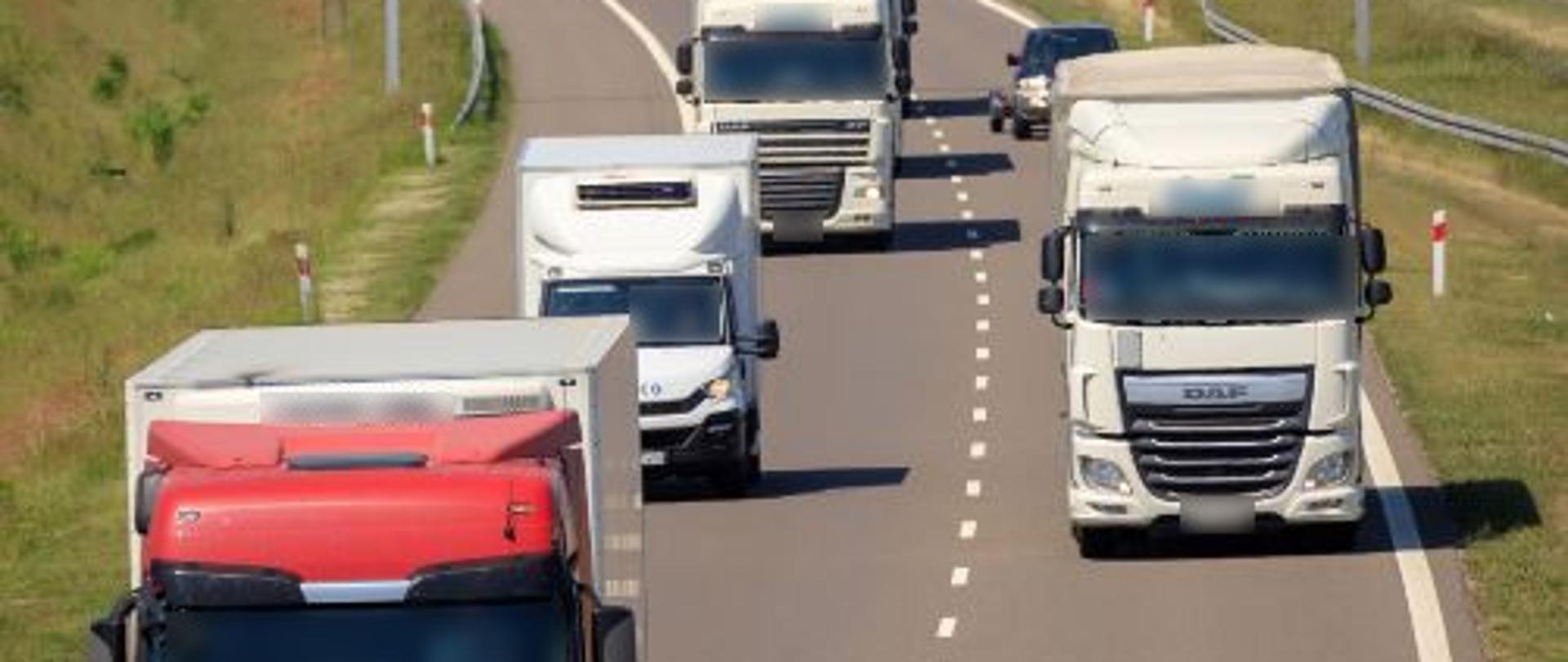 Droga dwujezdniowa, z czego każda jezdnia ma dwa pasy ruchu. Na jezdni kilka samochodów ciężarowych i dostawczych.