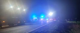 Zdjęcie przedstawia fragment drogi krajowej po zmroku. W lewej części zdjęcia widać pojazd osobowy na dachu. Natomiast na jezdni stoją pojazdy pożarnicze oraz radiowóz policyjny na sygnałach