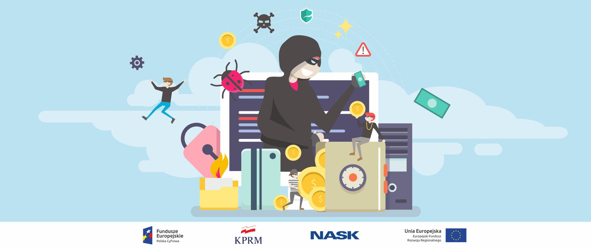 Grafika wektorowa - na środku ubrany w czarną bluzę z kapturem i maskę na oczy cyberprzestępca (wyłania się z komputera). Wokół niego ikony katy płatniczych, plików, danych, wirusów i inni cyberprzestępcy.