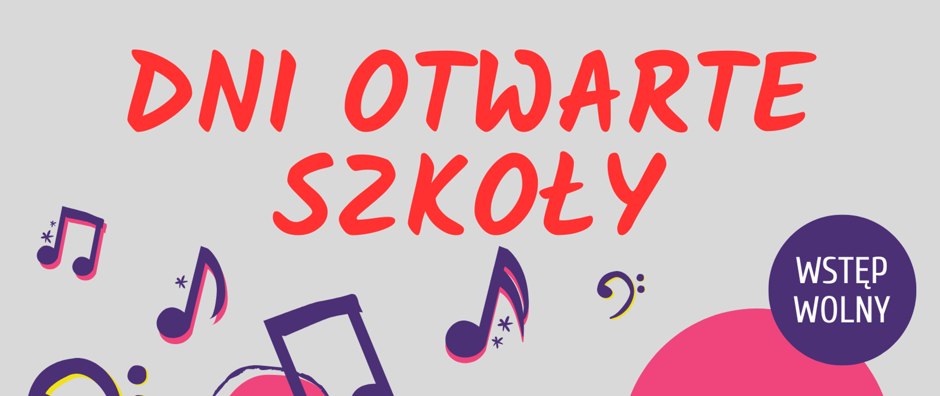 Zdjęcie przedstawia grafikę kolorowych instrumentów i nut na szarym tle oraz informację o dniach otwartych Państwowej Szkoły Muzycznej I stopnia w Lubinie w dniach od 10 do 14 marca 2025 roku o godz. 17.00 w sali nr 1 budynku szkoły
