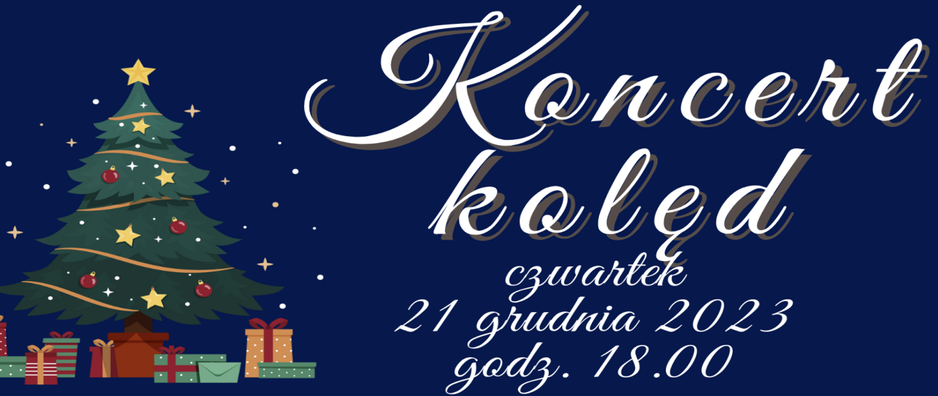 Granatowy baner ze świątecznym drzewkiem choinkowym, kolorowo przystrojonym, informuje o Koncercie Kolęd, który odbędzie się 21.12.2023 r, o godzinie 18, w Sali Koncertowej szkoły.
