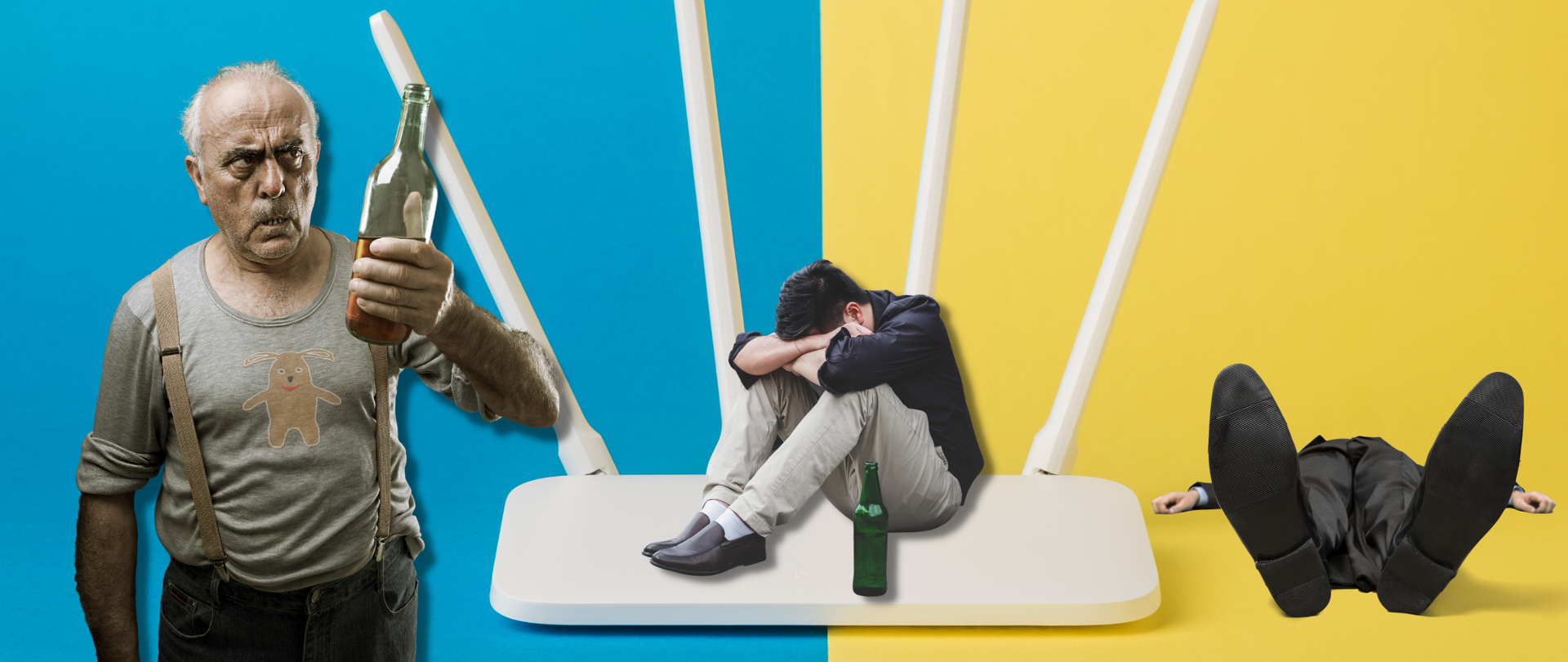 Kolaż zdjęć. Po lewej wąsaty mężczyzna z butelką w dłoni. Na środku ruter wifi, na którym siedzi załamany mężczyzna z butelką. Po prawej martwy człowiek - widok od strony butów.