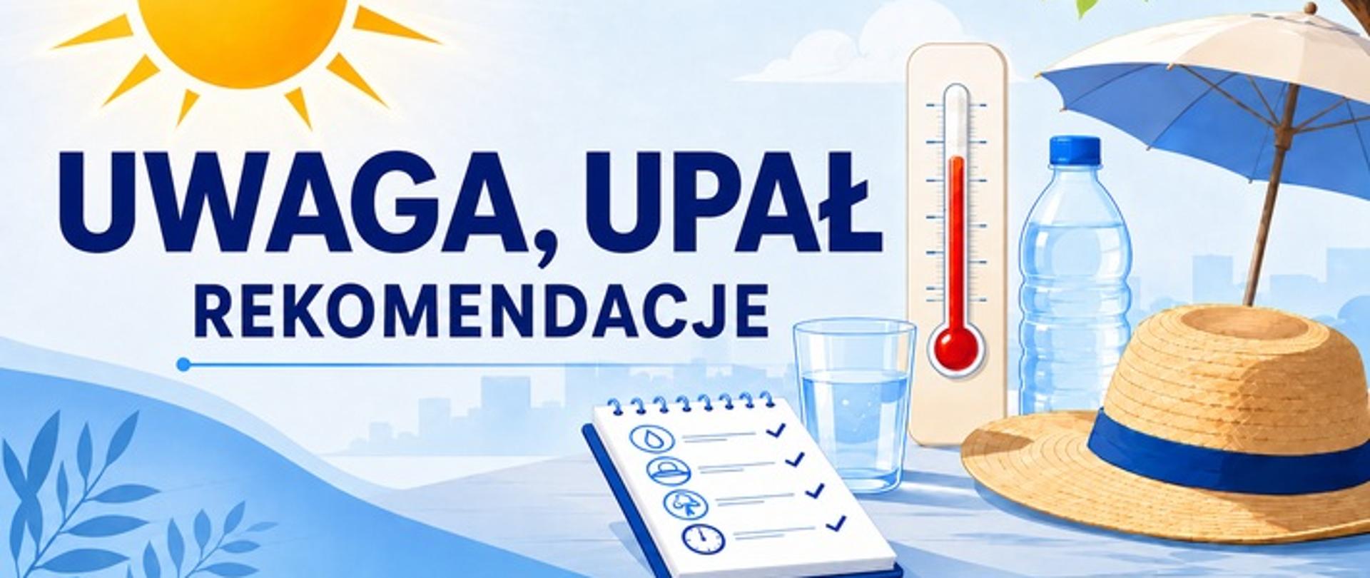 Grafika informacyjna „UWAGA, UPAŁ – REKOMENDACJE”. Na jasnoniebieskim tle znajdują się duże słońce, termometr wskazujący wysoką temperaturę, butelka i szklanka wody, słomkowy kapelusz, parasol oraz lista zaleceń dotyczących ochrony przed upałem.