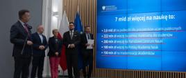 Minister Wieczorek i wiceministrowie stoją z boku sali, pod wielkim wbudowanym w ścianę ekranem z napisem 7 mld zł więcej na naukę, minister mówi do mikrofonu na stojaku.