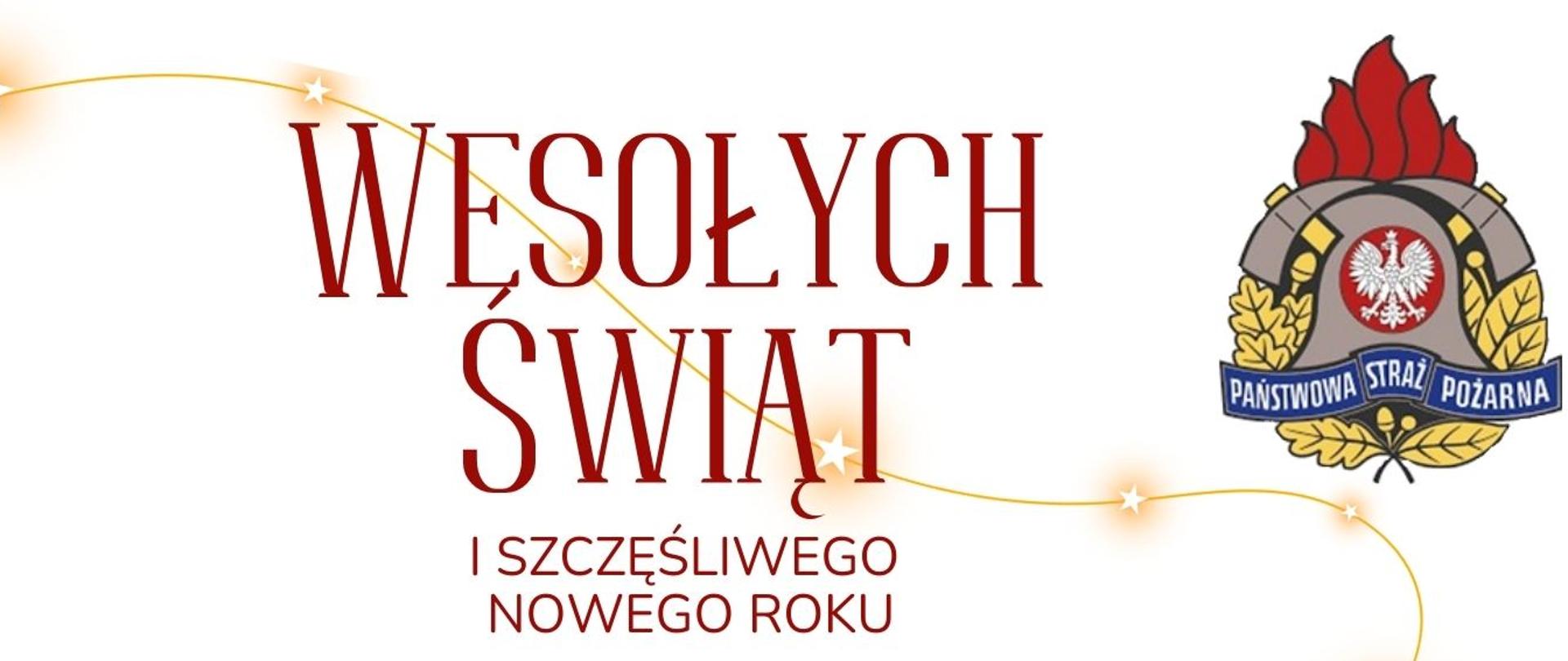 grafika przedstawiająca namalowane choinki i jelenie, u góry logo psp oraz napis Wesołych świąt i szczęśliwego nowego roku, pod spodem dalsza część życzeń. 