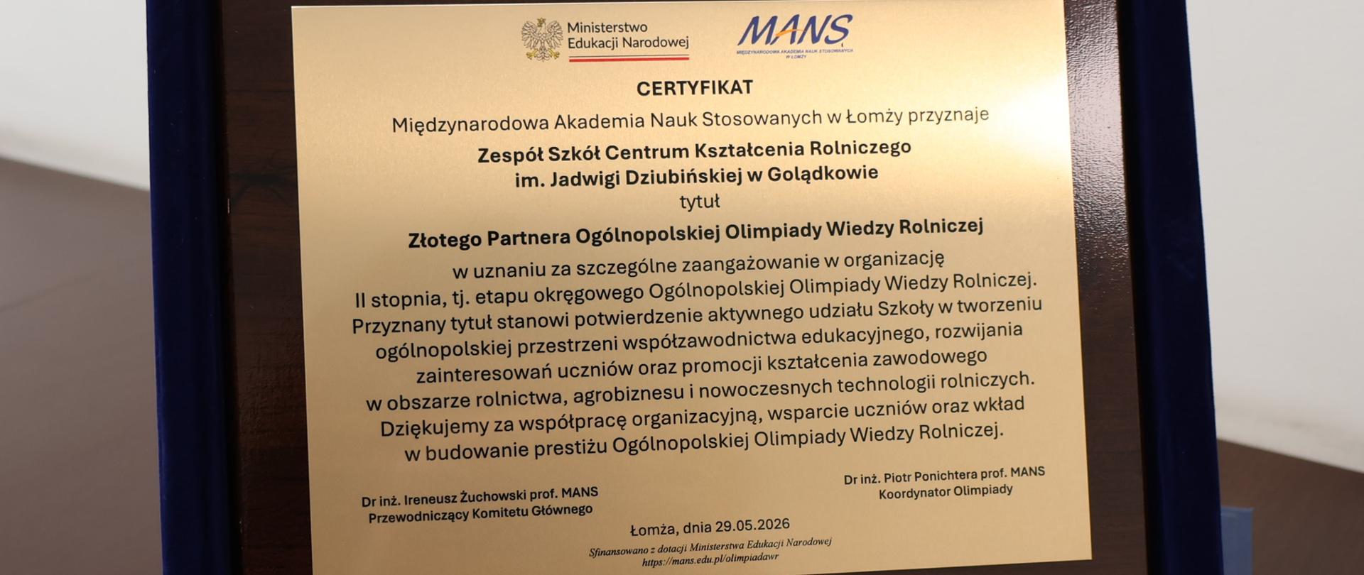 Ogólnopolskiej Olimpiady Wiedzy o Rolnictwie 