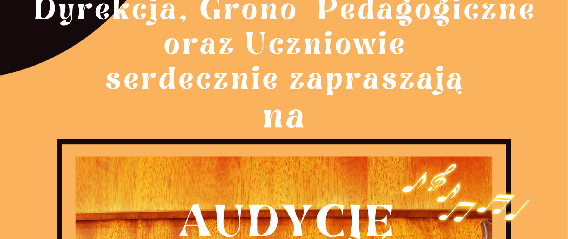 plakat żółty, pośrodku zdjęcie klawiatury i skrzypiec