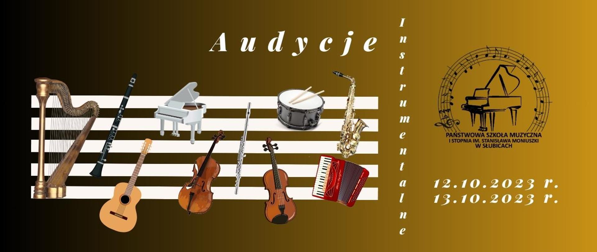 Po lewej stronie na tle pięciu białych, poziomych linii miniaturowe zdjęcia różnych instrumentów muzycznych, w środku napis o treści audycje instrumentalne, po prawej czarne logo szkoły oraz daty 12.10.202r i 13.10.2023r.
