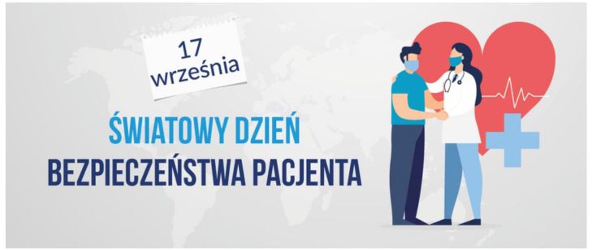 grafika przedstawia pacjenta i lekarkę na tle czerwonego serca z wykresem EKG i niebieskim znakiem krzyża, napis 17 września światowy dzień bezpieczeństwa pacjenta
