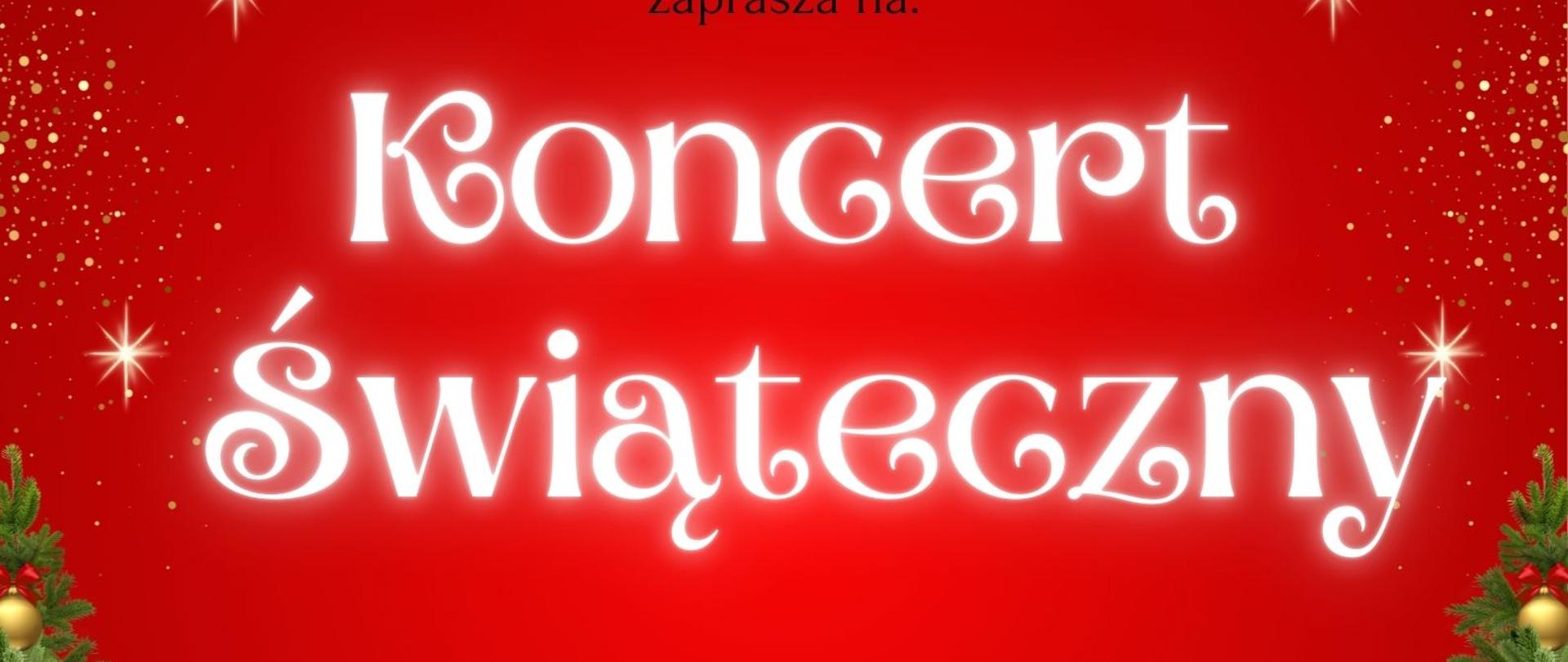 PSM w Głubczycach zaprasza na: Koncert Świąteczny - 19 grudnia 2025 r. Hotel Domino, ul. Słowackiego 3, plakat z choinkami na czerwonym tle