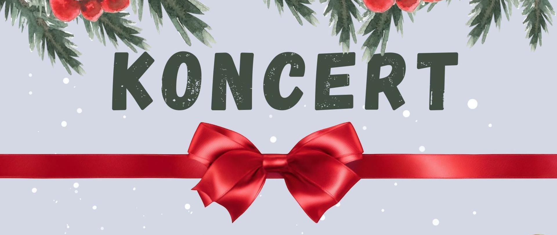 Na szarym tle informacja o terminie koncertu uczniów klasy saksofonu