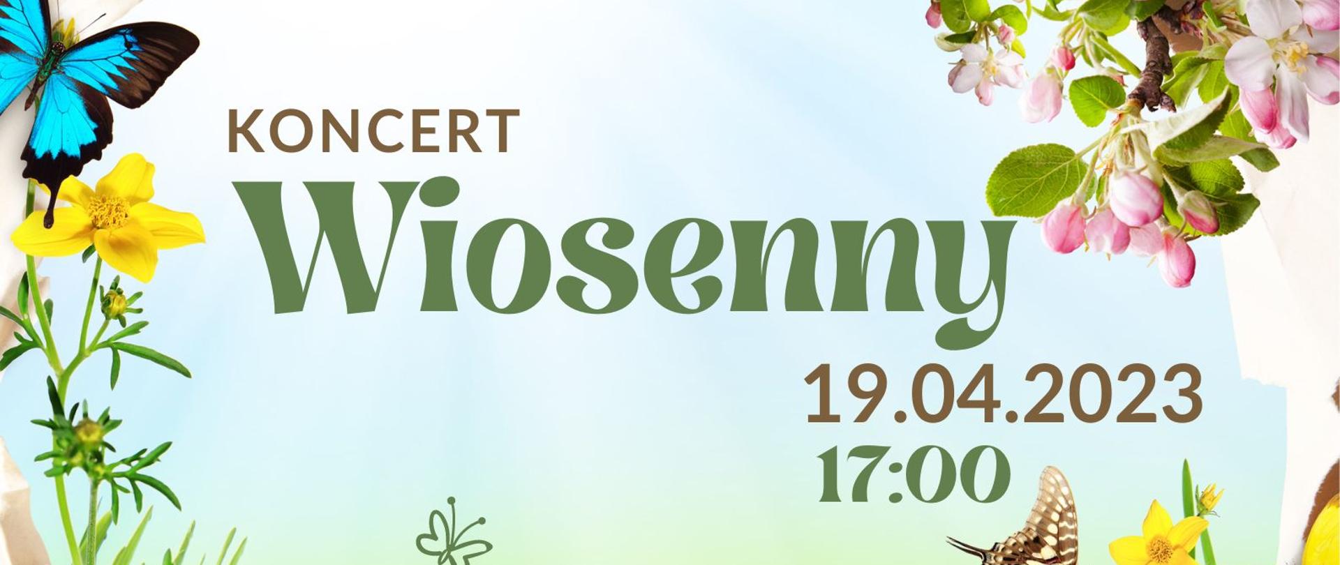 Plakat, Koncert wiosenny. Kwiaty, motyle i inne robaczki na zielonej trawie. Koncert odbędzie się 19.04.2023 r. o godzinie 17:00 w Sali Koncertowej w Jastrzębiu- Zdroju. Wstęp bezpłatny. W trakcie koncertu wystąpią soliści PSM w Jastrzębiu-Zdroju, Orkiestra Wiosenna oraz Dzieci z Publicznego Przedszkola nr 26 z Moszczenicy