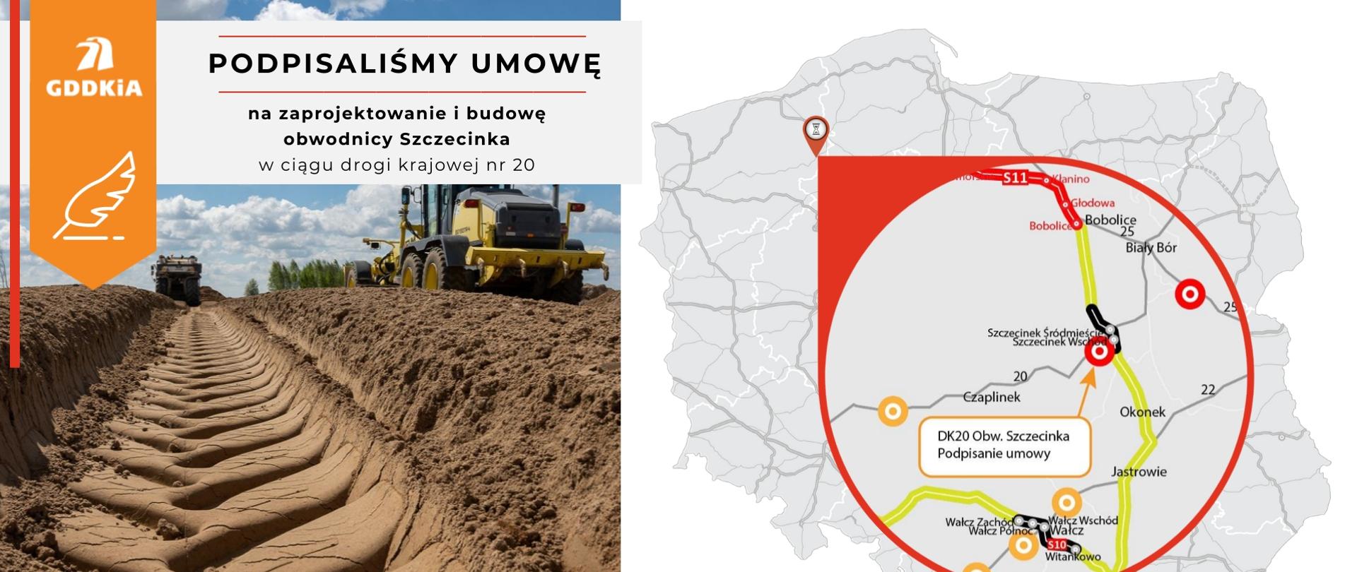 Infografika z informacjami dot. podpisania umowy na realizację obwodnicą Szczecinka w ciągu DK20.