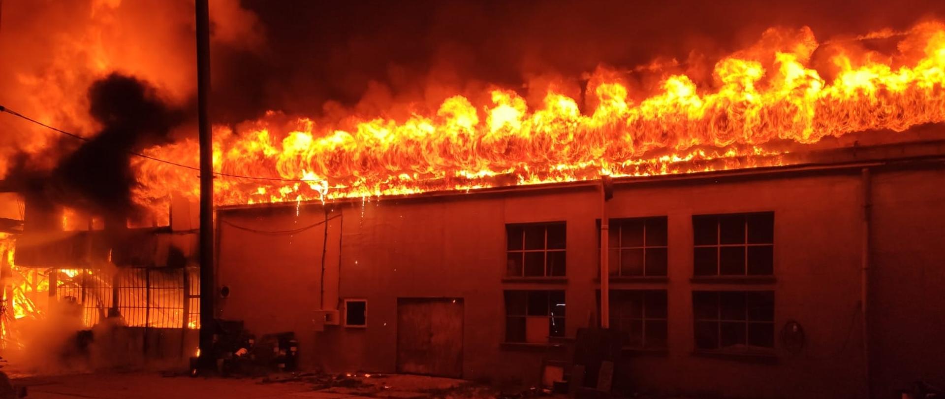 Zdjęcie przedstawia palący się zakład stolarski. Ogień wychodzi z dachu budynku. 