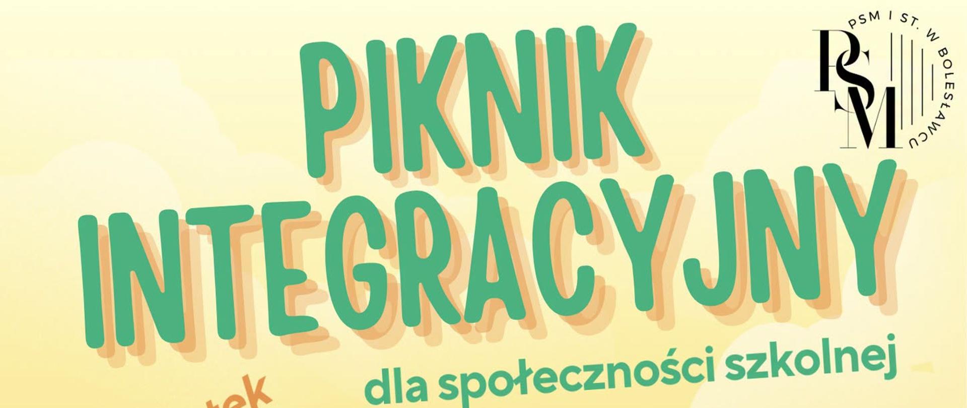 Grafika z widoczną polaną oraz drzewami. Na polanie znajdują się ikonografie postaci grających na różnych instrumentach muzycznych, jak na przykład skrzypce, gitara, wiolonczela, perkusja, fortepian, akordeon, flet, klarnet i saksofon. W centrum siedzą biwakujące na kocu postacie. W tle znajdują się napisy: "Piknik integracyjny dla społeczności szkolnej. Czwartek, 25 czerwca 2026 r., godz. 16.00 - 19.00. Podwórko szkoły. ul. Grunwaldzka 9".