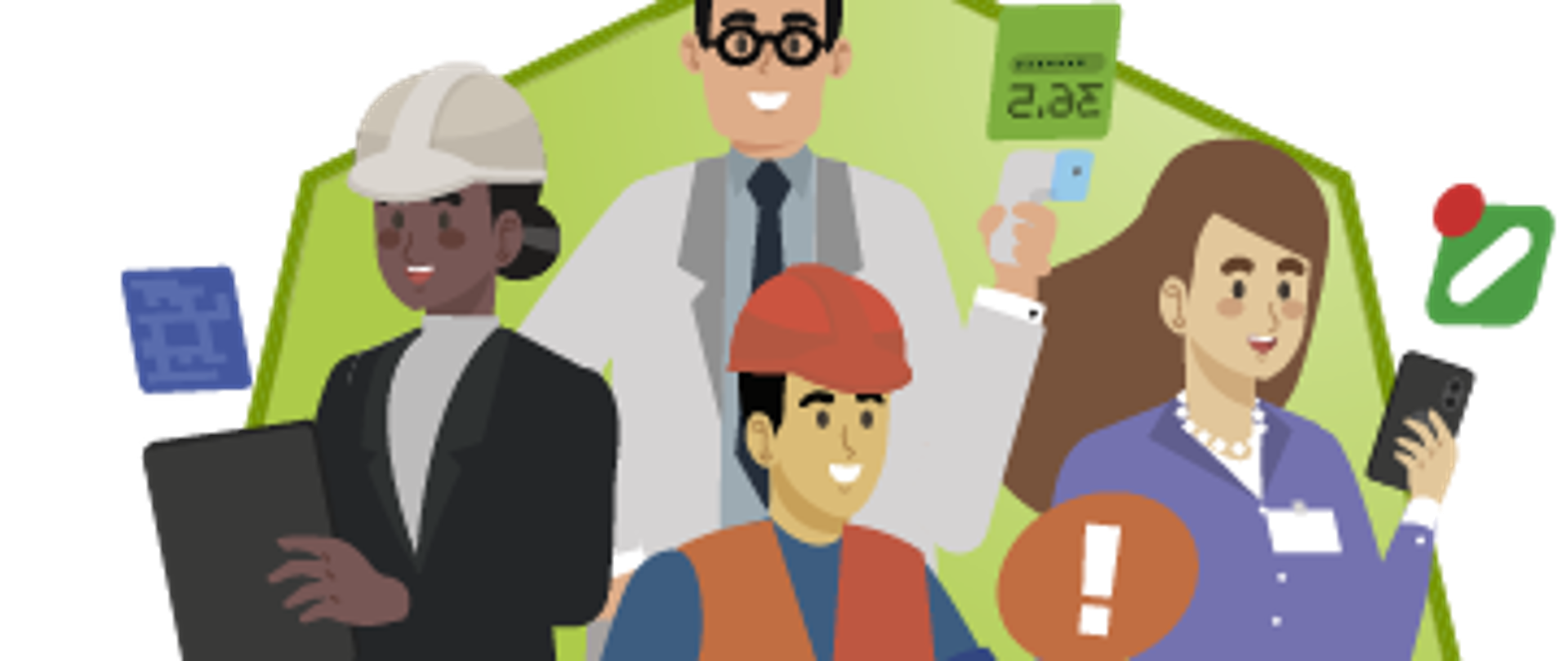 Cztery osoby , dwie kobiety, dwóch mężczyzn, ubiór w różnych zawodach