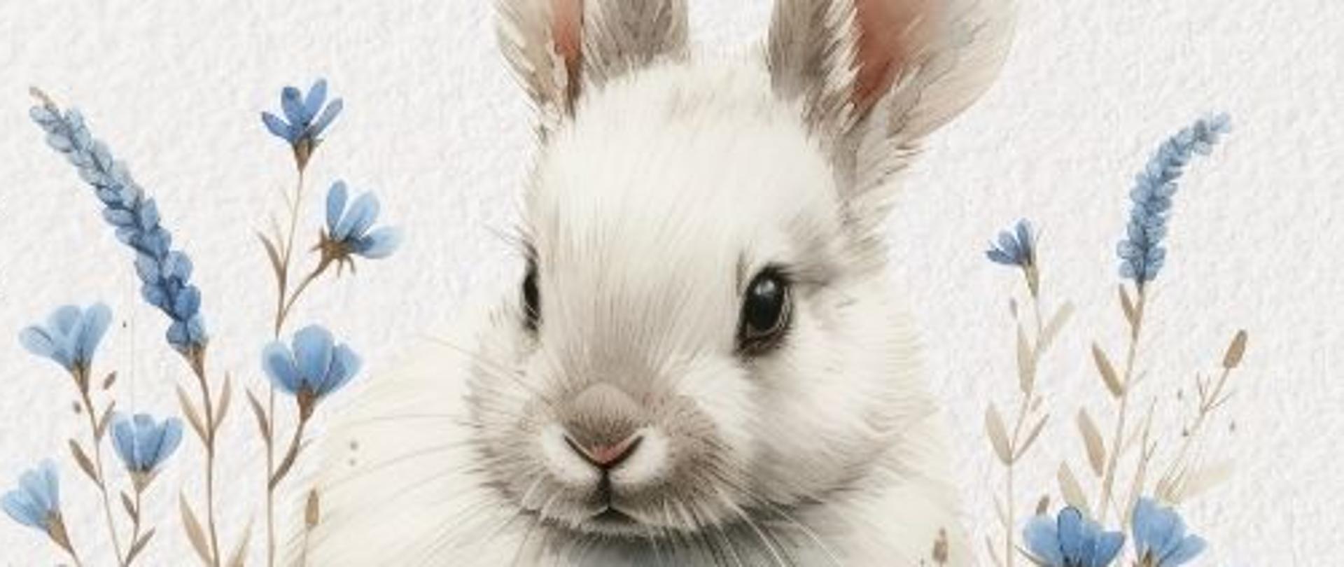 Zdjęcie przedstawia króliczka na szarym tle wraz z życzeniami z okazji Świąt Wielkanocnych.