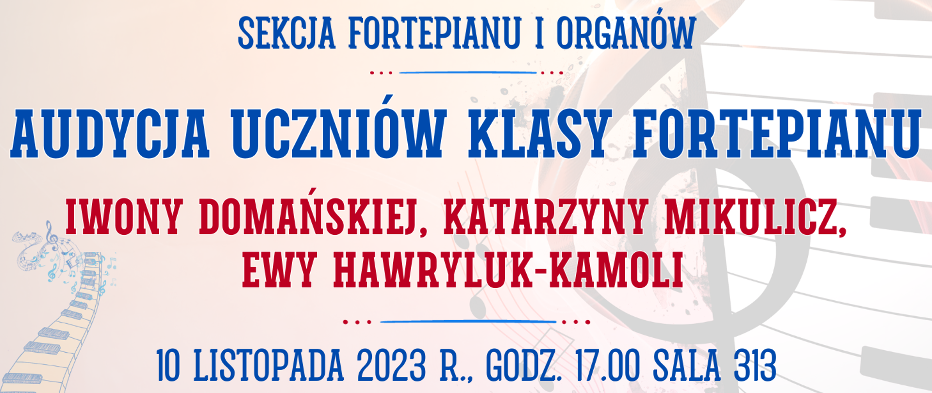 kolorowe tło z muzycznymi elementami typu clipart oraz informacja o wydarzeniu